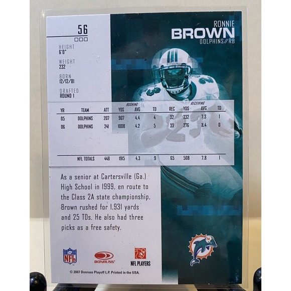 2007 LEAF ROOKIES AND STARS FOOTBALL CARD RONNIE BROWN #56 MIAMI DOLPHINS - Picture 2 of 2